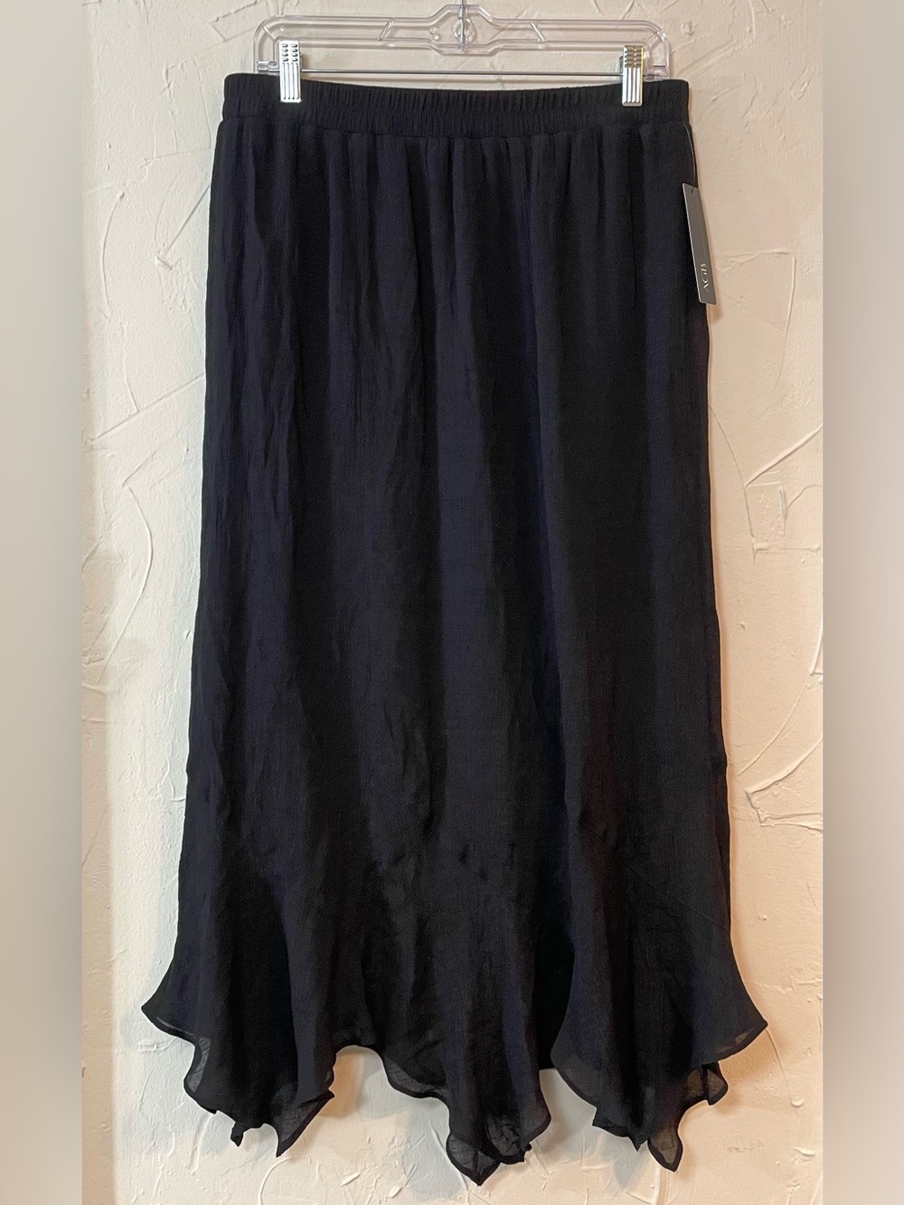 Semi-Sheer Crepe Textured Asymmetrical Handkerchief Maxi Skirt AGB Black Goth